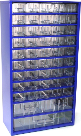 Armario metálico con cajones para piezas TOKOZ, 45 cajones pequeños + 2 medianos + 1 grande, 30,5 × 55 × 15,5 cm, azul