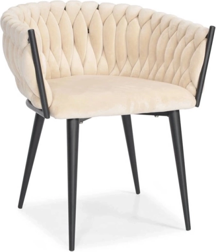 Sillón de terciopelo Glamour beige con patas negras y diseño trenzado