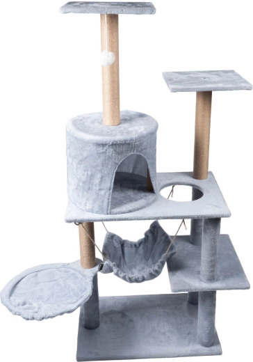Rascador gris para gatos con casita y camas – 5 niveles