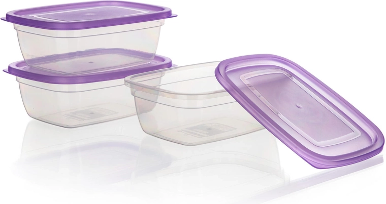 Set de recipientes de plástico para alimentos 1,25 l – 3 uds, tapas moradas