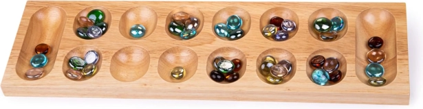 Juego de madera Mankala con piedras de vidrio de colores Bigjigs Toys