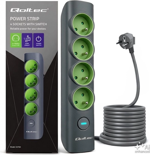 Regleta Qoltec con 4 tomas con toma de tierra e interruptor iluminado, 1,8 m