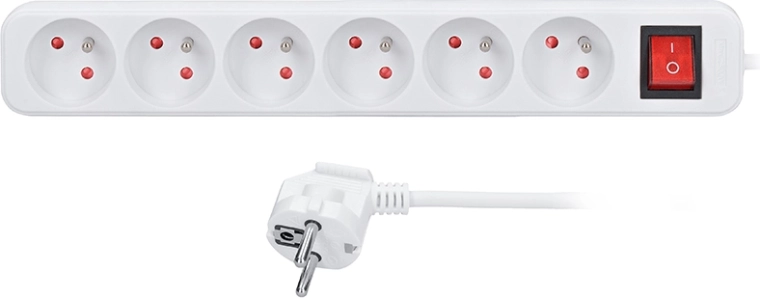 Cable alargador Solight 1,5 m con interruptor, 6 tomas, blanco