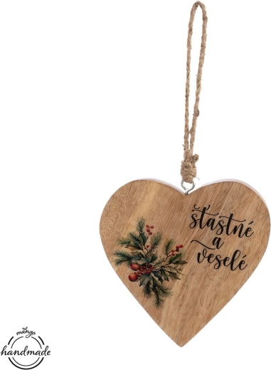 Corazón colgante de madera de mango «Feliz y alegre» - 1 unidad