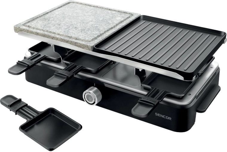 Parrilla raclette Sencor con superficie de piedra y estriada