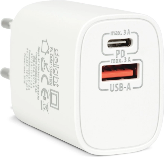 Cargador de red USB con USB-C PD de 20 W, blanco