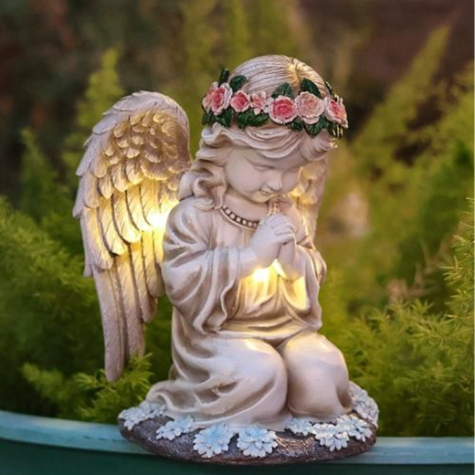 ángel de jardín solar con iluminación LED – figura decorativa y portavelas para exterior