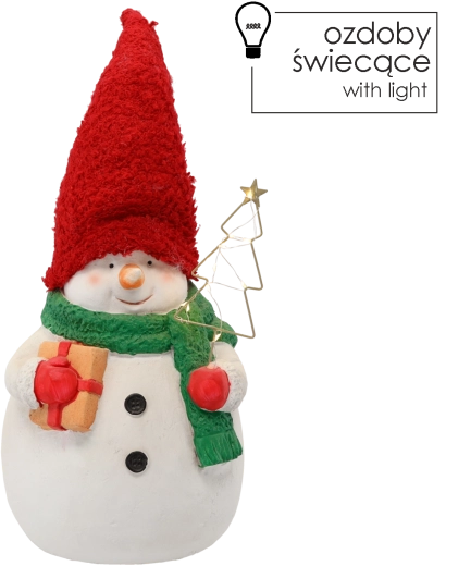 Figura navideña de muñeco de nieve con gorro rojo e iluminación LED