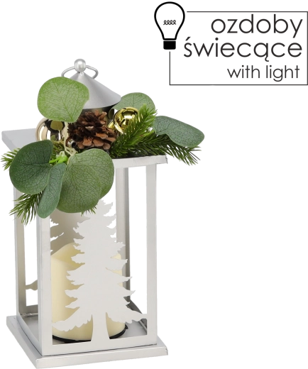 Farol navideño de metal con arbolitos y vela LED, plateado