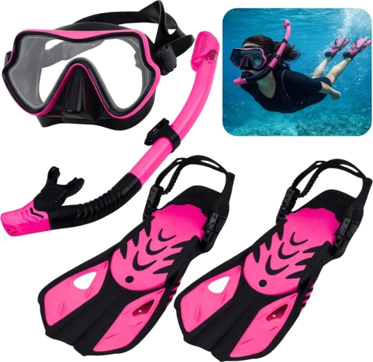 Set de snorkel con máscara, tubo y aletas negro‑rosa S/M (EU 37–41)