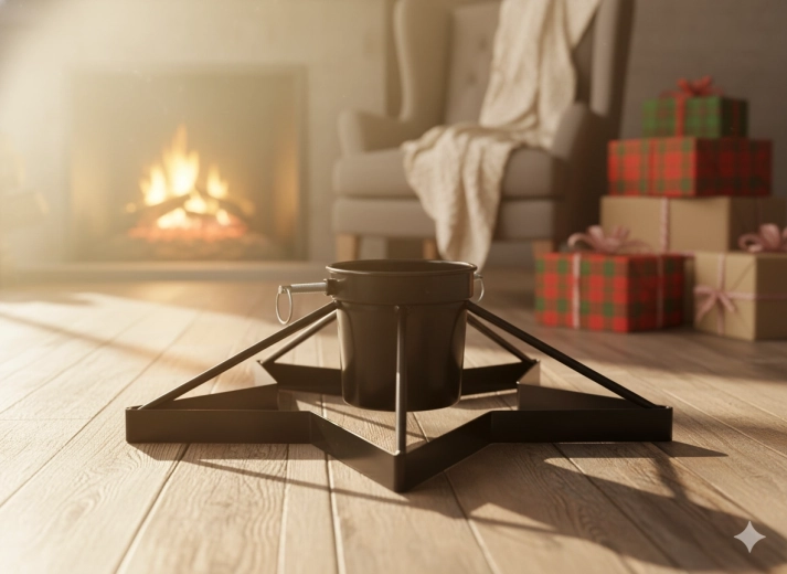 Soporte metálico para árbol de Navidad con depósito de agua, negro