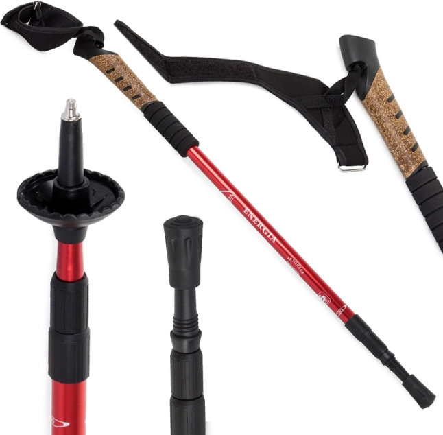 Bastón de trekking de corcho para Nordic Walking con sistema anti‑shock, rojo