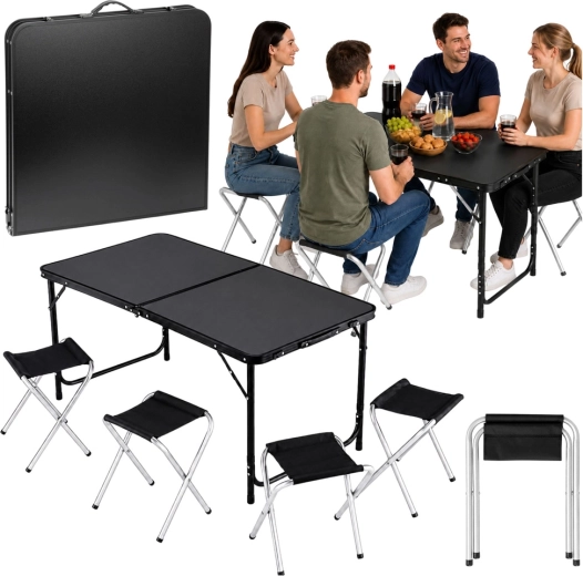 Set de camping plegable: mesa y 4 taburetes en maletín, negro