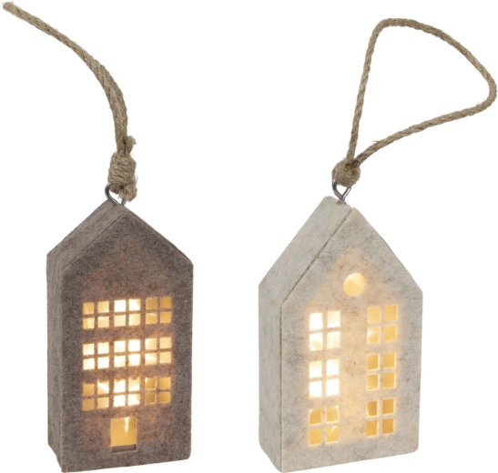 Decoración navideña colgante casita de fieltro con LED 14,5 cm