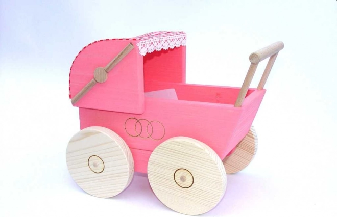 Cochecito de madera rosa para muñecas