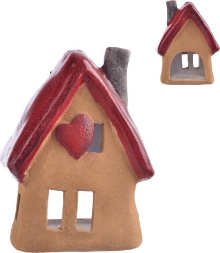 Portavelas de cerámica con forma de casita rojo