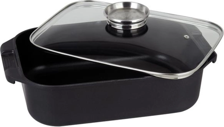 Asadera con tapa de vidrio 6,5 l, antiadherente, negra