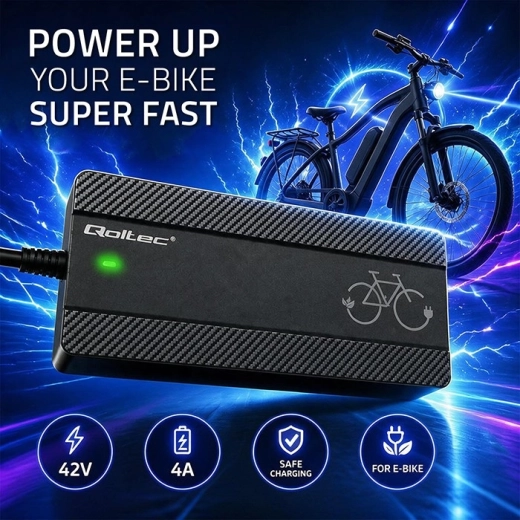 Cargador para bicicleta eléctrica Qoltec de 36 V, 42 V, 4 A con conector Bosch y cable de alimentación