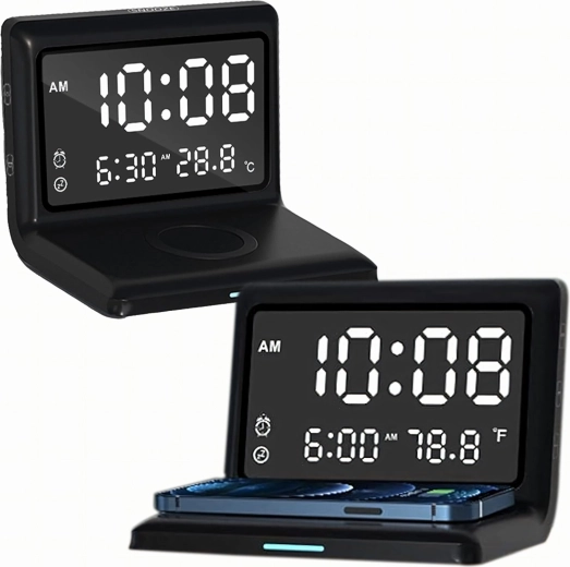 Reloj despertador digital 3 en 1 con carga inalámbrica de 15 W y termómetro, pantalla de espejo