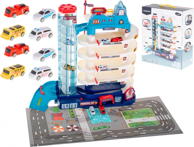 Aparcamiento de varias plantas para cochecitos con ascensor eléctrico, 5 niveles + alfombrilla de juego y 8 coches