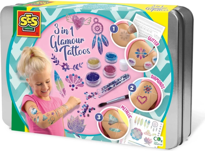 Set de tatuajes 3 en 1 con purpurina SES Creative