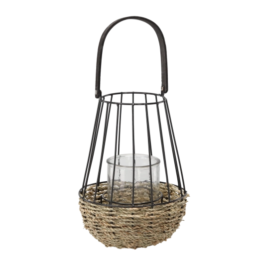 Farol metálico negro-marrón con inserto de vidrio 26 × 41 cm
