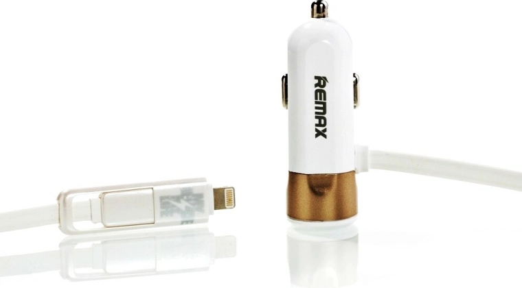 Adaptador de coche Remax para encendedor de 3,4 A con cable Lightning y micro‑USB dorado