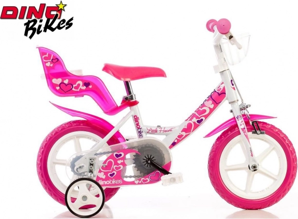 Dino Bikes Little Heart bicicleta infantil 12" blanco-rosa con ruedines de equilibrio