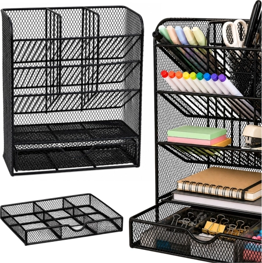 Organizador de escritorio metálico para material de oficina, negro