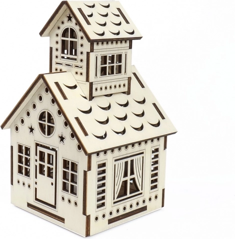Casita de madera con campanario y vela LED – KÚZLO DREVA