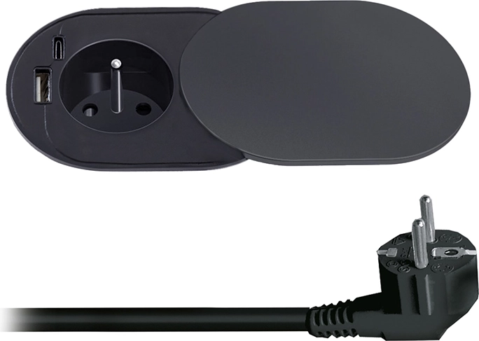 Solight toma empotrable 230 V con USB-A y USB-C 20 W PD con tapa deslizante, 2 m, negro mate
