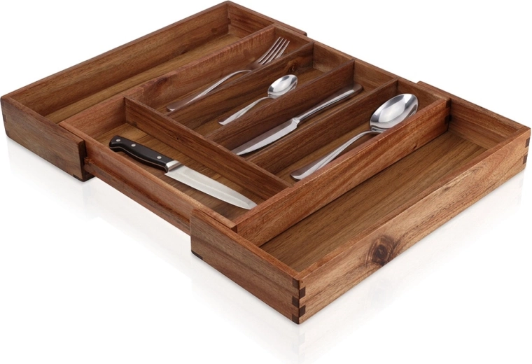Cubiertero de madera extensible para cajón de madera de acacia 28–45 × 34 cm