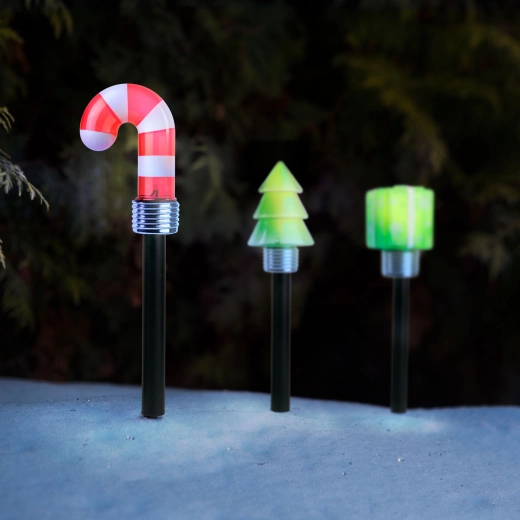 Pincho solar LED navideño con forma de regalo, árbol o bastón de caramelo - 1 unidad