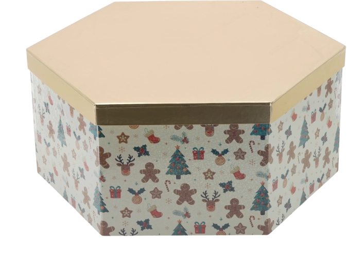 Caja de regalo navideña hexagonal con tapa dorada 33 × 28,5 × 12 cm - 1 unidad