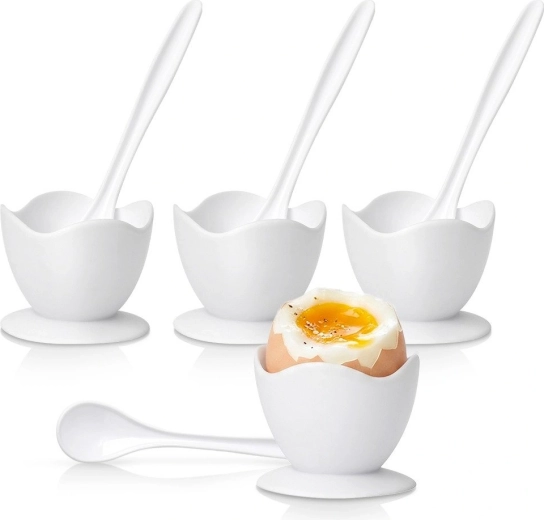 Soportes blancos para huevos con cucharillas, juego de 4 unidades