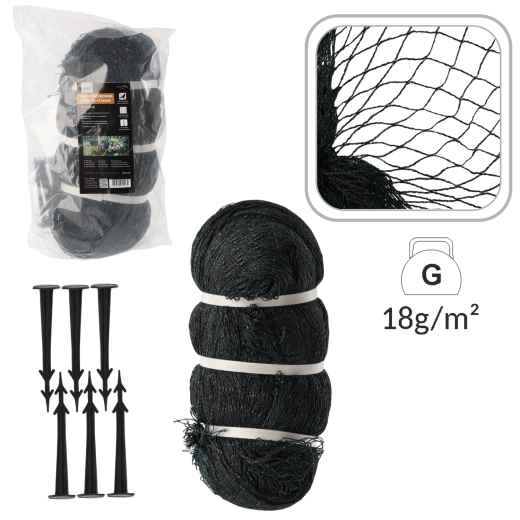 Red protectora contra pájaros 5 × 10 m, 18 g/m² + 10 estacas de plástico