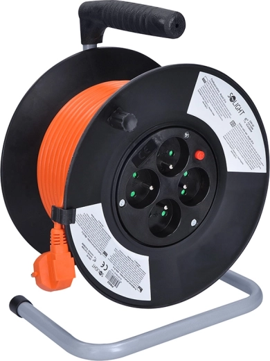 Alargador eléctrico Solight en carrete con 4 tomas, 25 m, cable naranja
