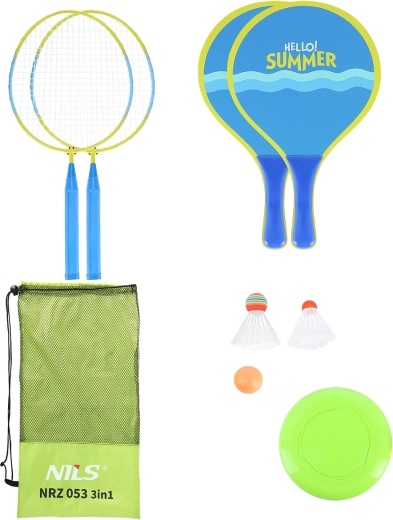 Set de playa y jardín 3 en 1 NILS: bádminton, palas y frisbee