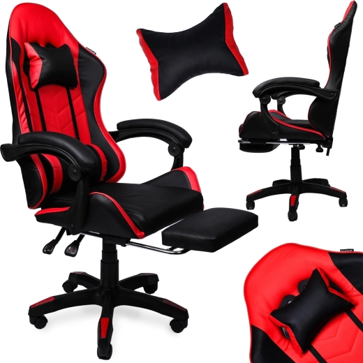 Silla gaming con reposapiés extraíble de polipiel negra y roja