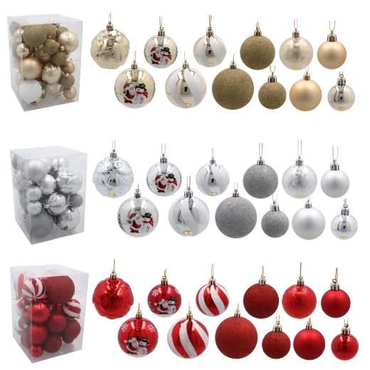 Set de 30 adornos navideños en rojo, plateado y dorado