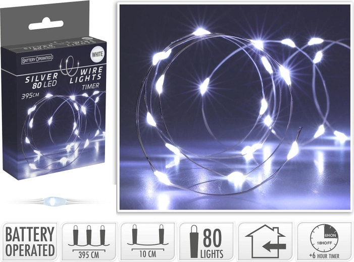 Cadena de luces LED navideña 3,95 m, 80 LED, blanco frío, a pilas con temporizador - 1 unidad