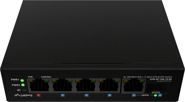 Switch PoE industrial ligero Lanberg para carril DIN 4× Fast Ethernet + 1× uplink Gigabit + 1× SFP (PoE++ 90 W)