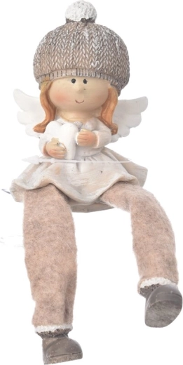 Ángel sentado de polystone con gorro beige 10 cm