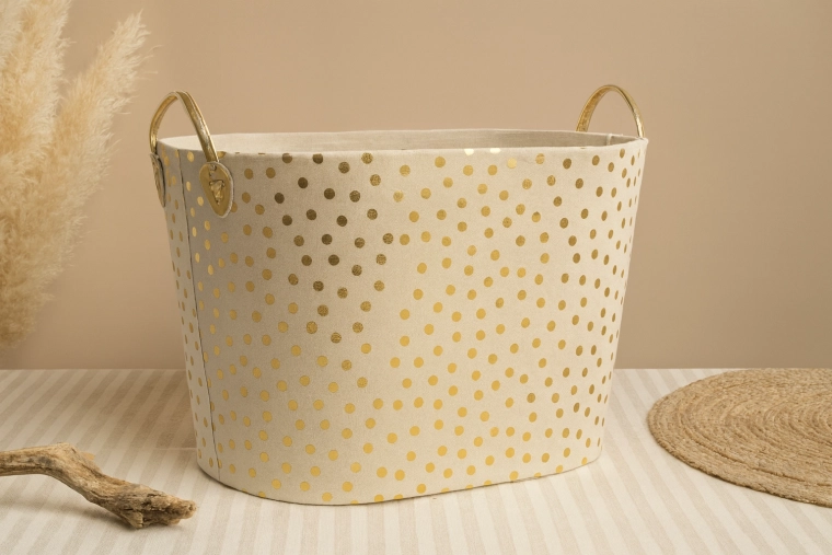 Cesto textil para ropa y juguetes con lunares, detalles dorados/plateados, 38 × 48 × 34 cm