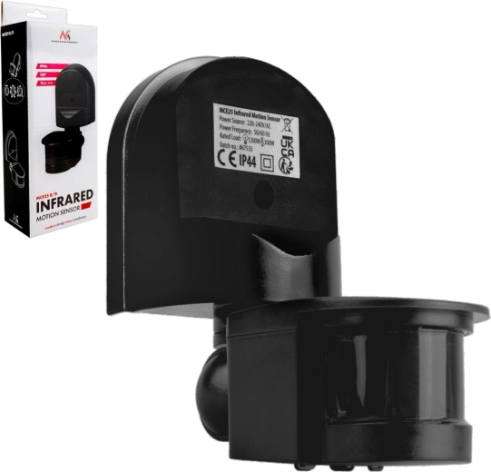 Sensor de movimiento y crepuscular PIR 180° con pantalla negra, alcance 5–12 m, 1200 W, IP44