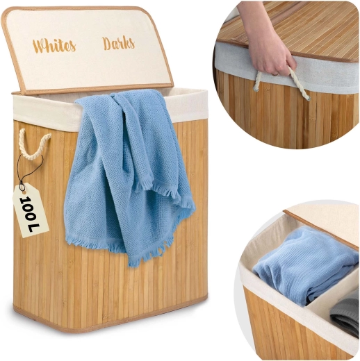 Cesto de ropa de bambú con tapa 100 l, de dos compartimentos