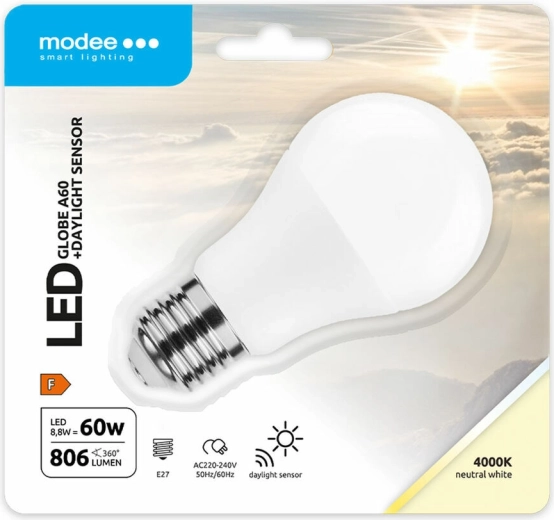 Modee Lighting bombilla LED inteligente A60 8,8 W E27, blanco neutro con sensor de luz