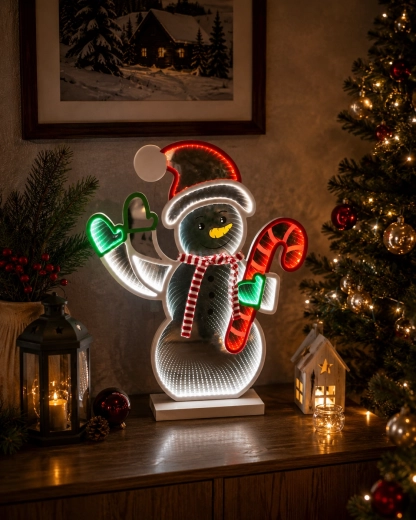 Decoración navideña 3D LED muñeco de nieve con bastón de caramelo con efecto espejo infinito - 1 pieza