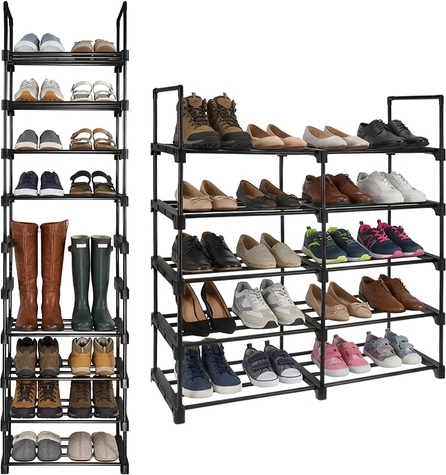 Zapatero de suelo RUHHY, 10 niveles, 45 × 30 × 174 cm, negro