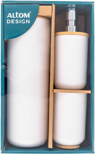 Set de baño con dispensador, vaso y escobilla de WC, blanco con decoración de bambú